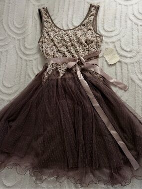 Altar'd State Taupe Lace & Tulle Midi Dress, Sz M, NWT, Boho Festival Party